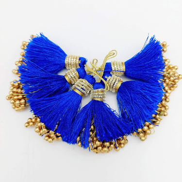 Royal Blue Tassels With Gold Beads, Beaded Thread Tassel Charms, Silky Tassels